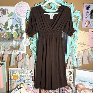 Max Studio Dark Brown Midi Dress V-Neckline Empire Waist Women’s Size XS Autumn